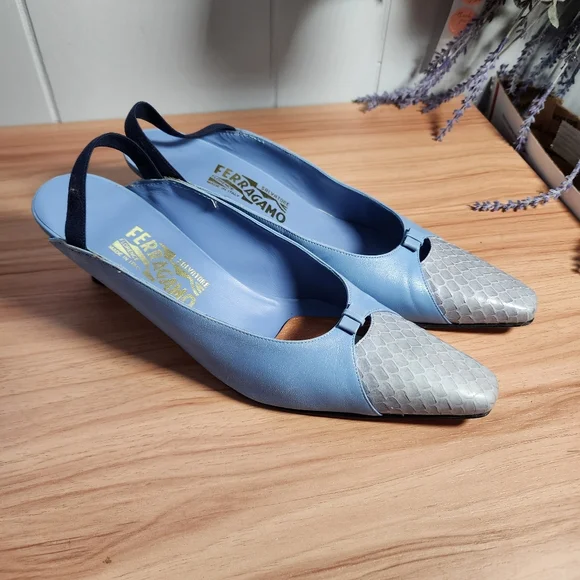 Salvatore Ferragamo Blue and Gray Flats with Pointed Toe Size 9.5 - Picture 1 of 9